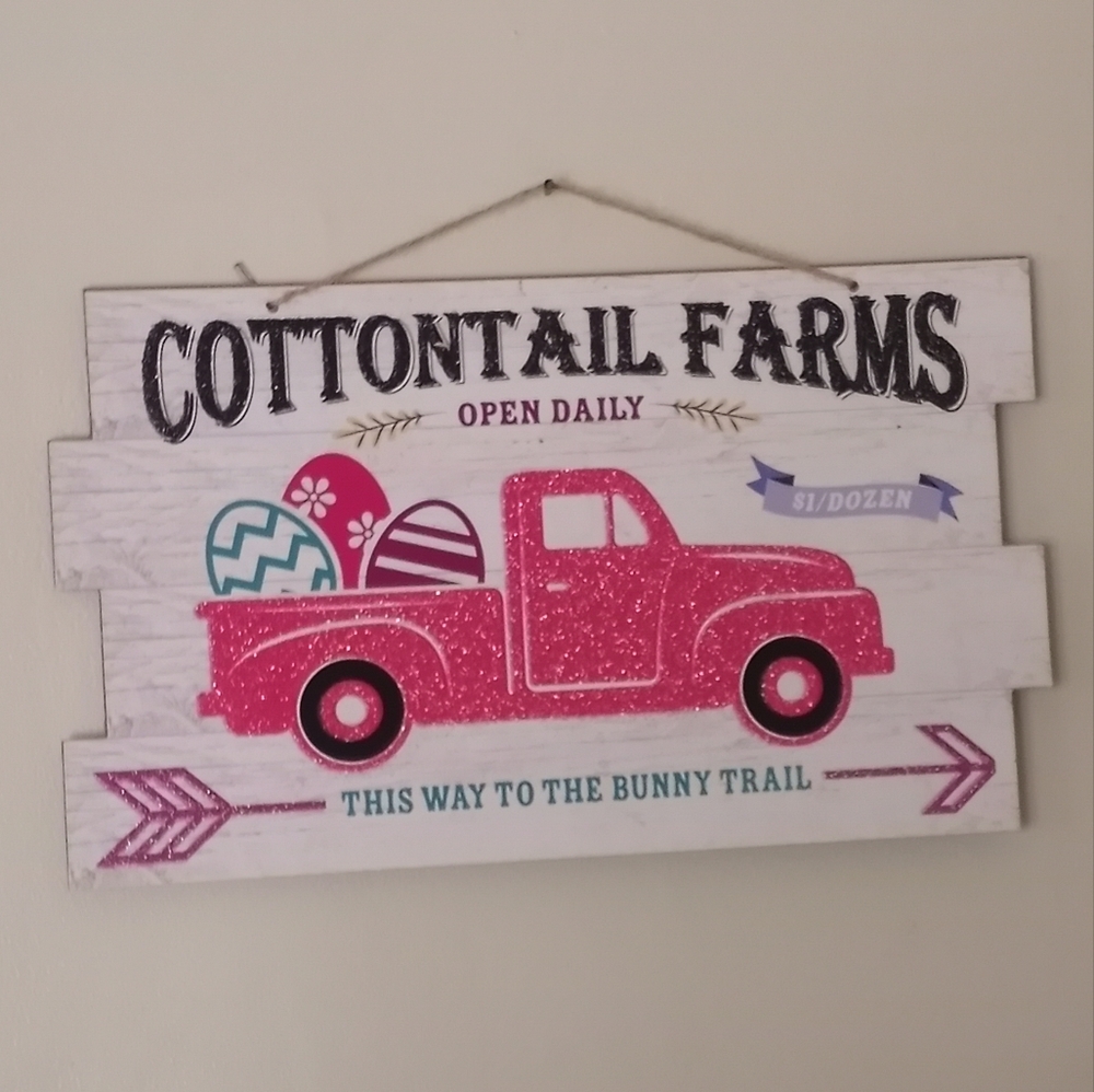 All🐥3/$25 🐰 Pink Truck "Cottontail Farms" Glittery Wooden Wall Decor Art NWT